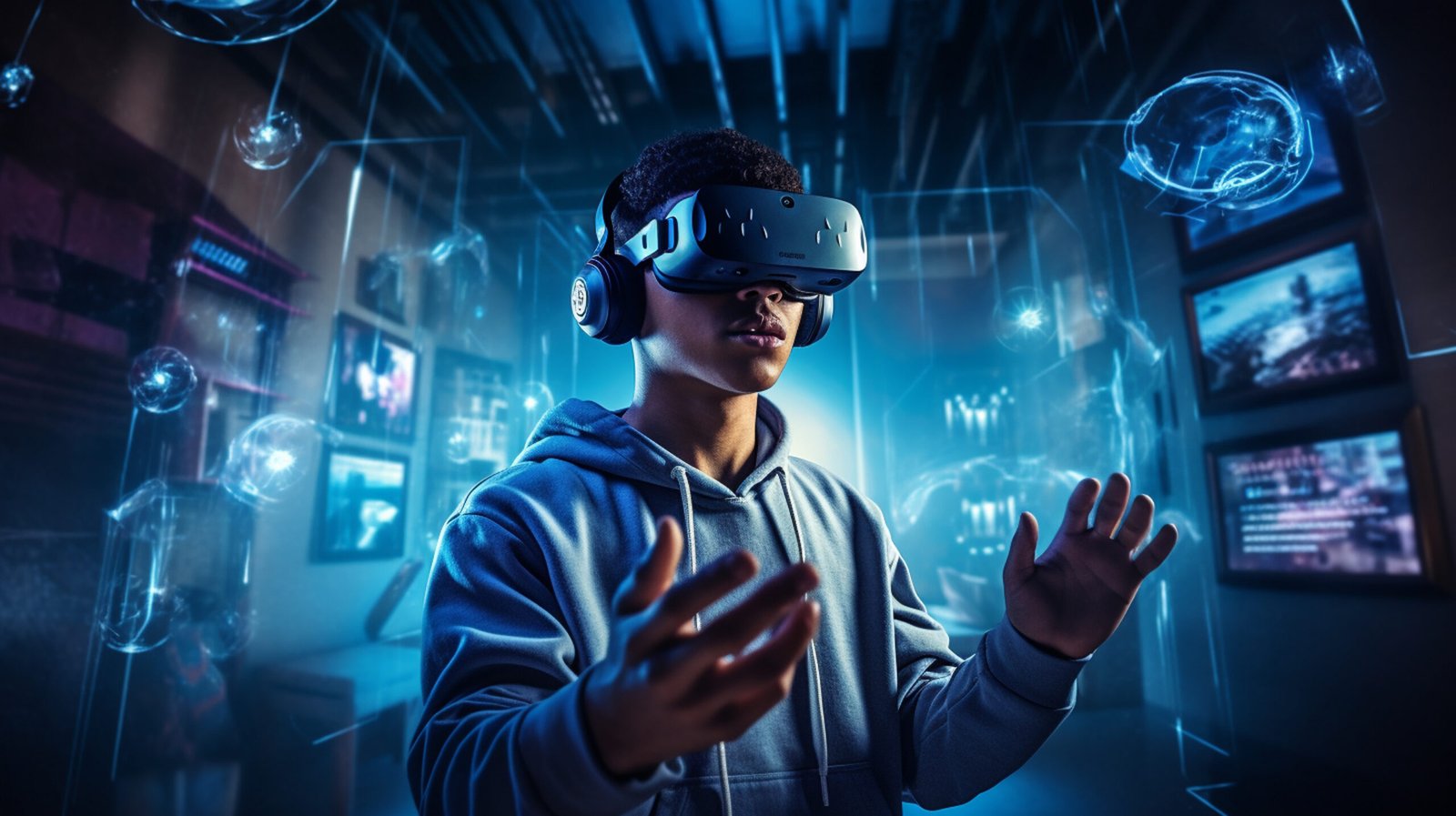person-wearing-futuristic-virtual-reality-glasses-gaming Teen wearing VR headset and headphones in a digital environment.